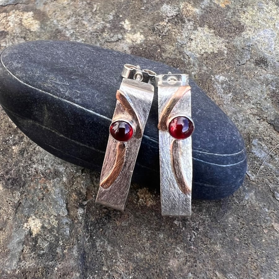 Rectangular silver stud hoops with gold and garnets