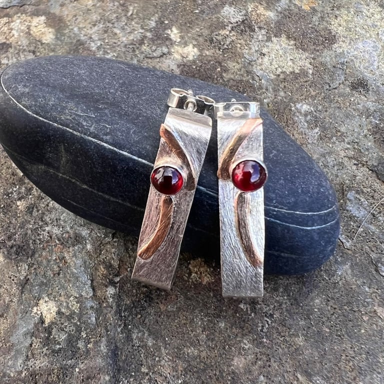 Rectangular silver stud hoops with gold and garnets
