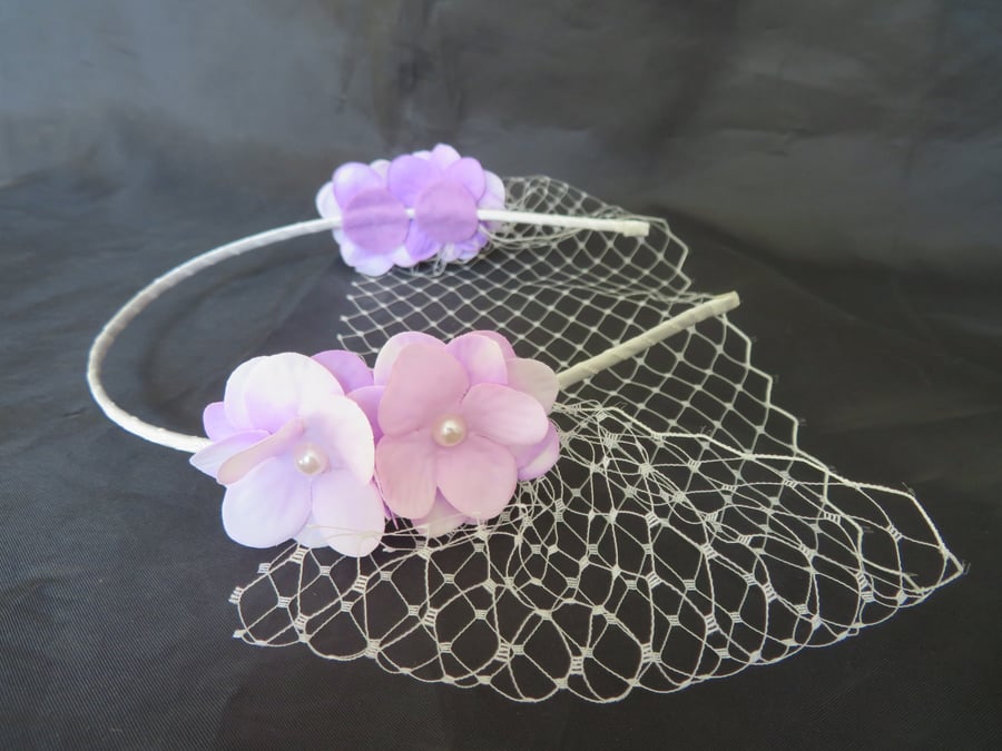 Ivory and Lavender Lilac Flower Narrow Classic Bandeau Eye Veil on a Headband
