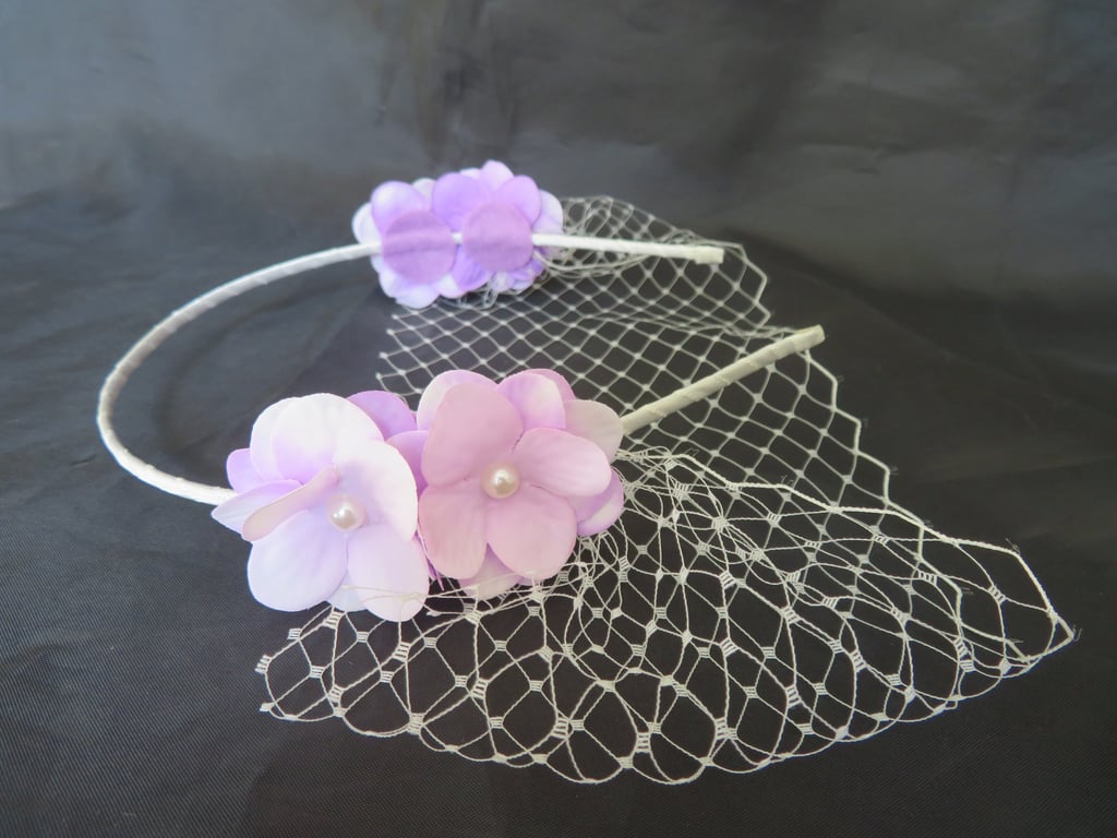 Ivory and Lavender Lilac Flower Narrow Classic Bandeau Eye Veil on a Headband