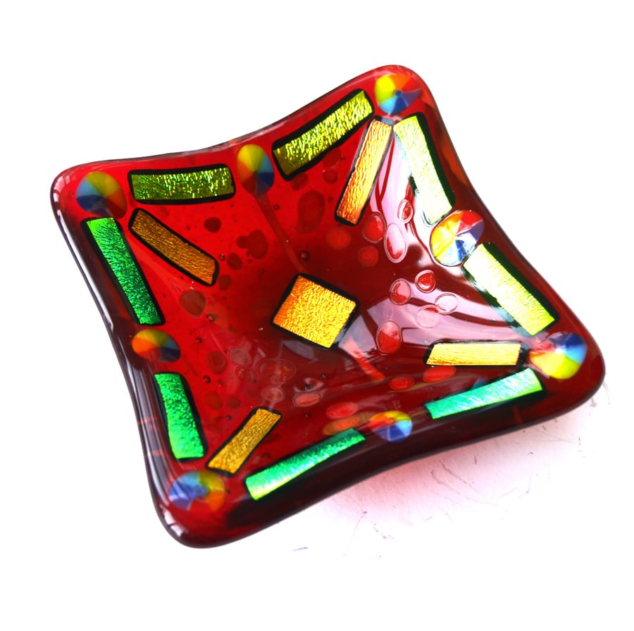 Red Gold Dichroic Fused Glass Trinket Dish 8cm Folksy