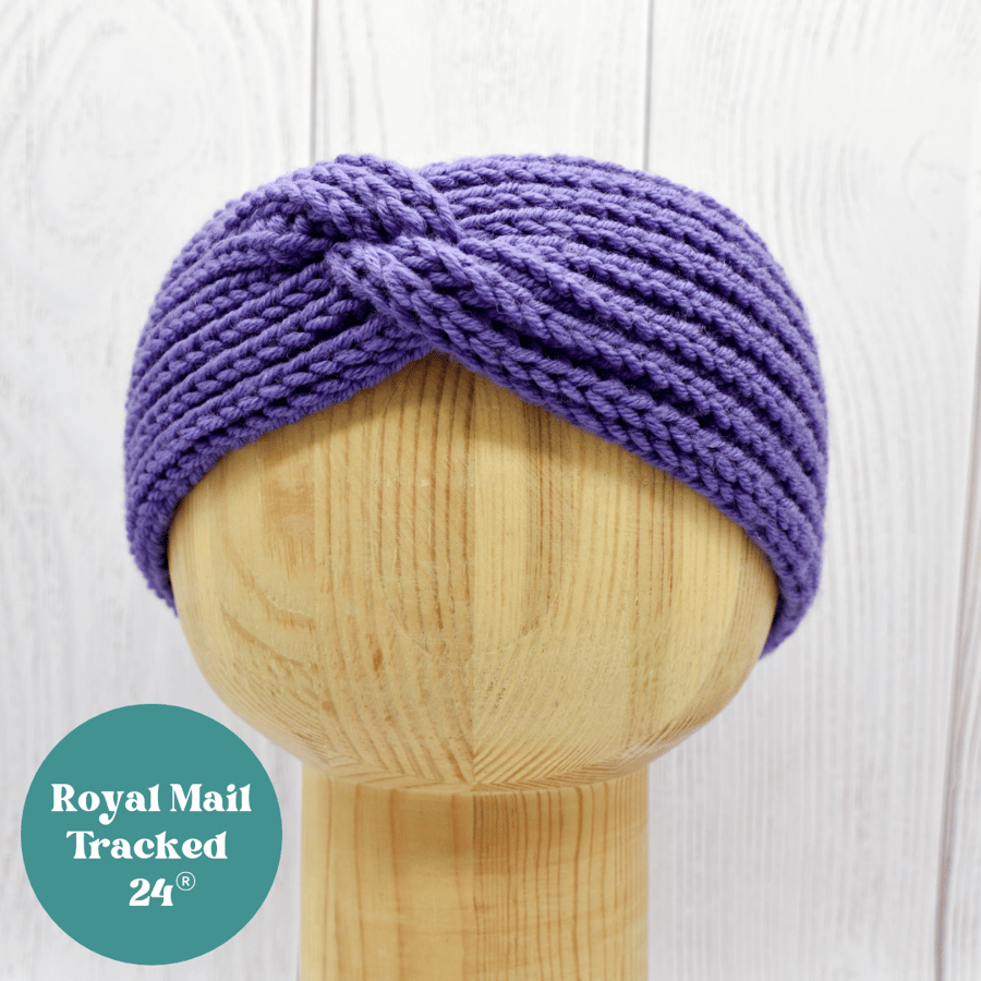 Hand Knitted headband ear warmers in purple wool - Toddler