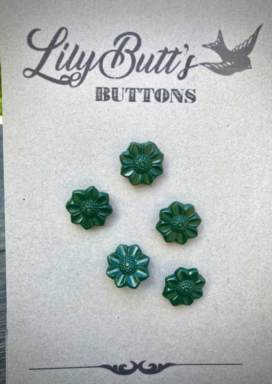 5 Vintage Green Sunflower Buttons 15mm