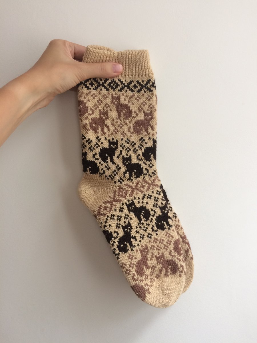 READY TO SHIP Beige Wool Socks Black and Brown Cats Kittens Fair Isle Christmas