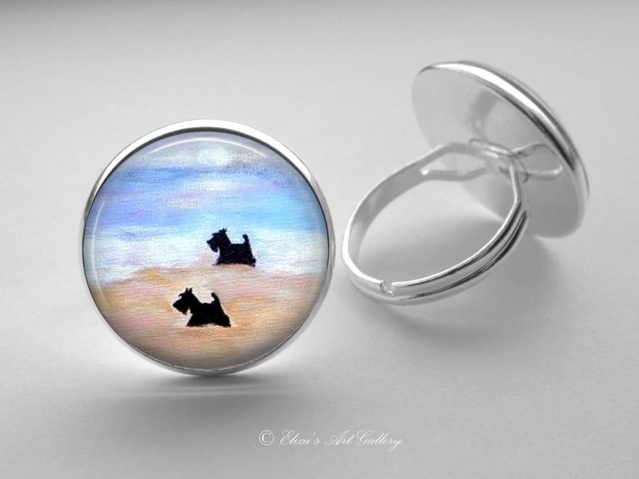 Silver Plated Scottish Terrier Dog Art Glass Cabochon Ring