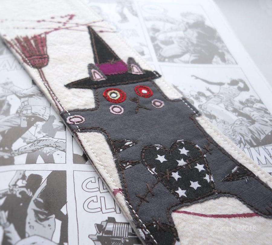 freehand embroidery fabric bookmark zombie witch cat