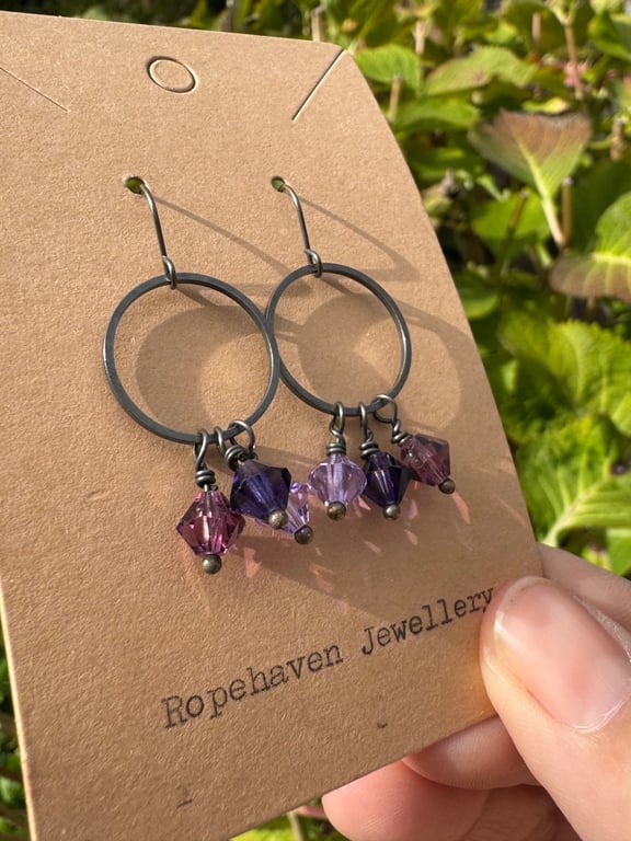 Vintage Crystal Earrings Dainty Hoops in Shades of Purple 