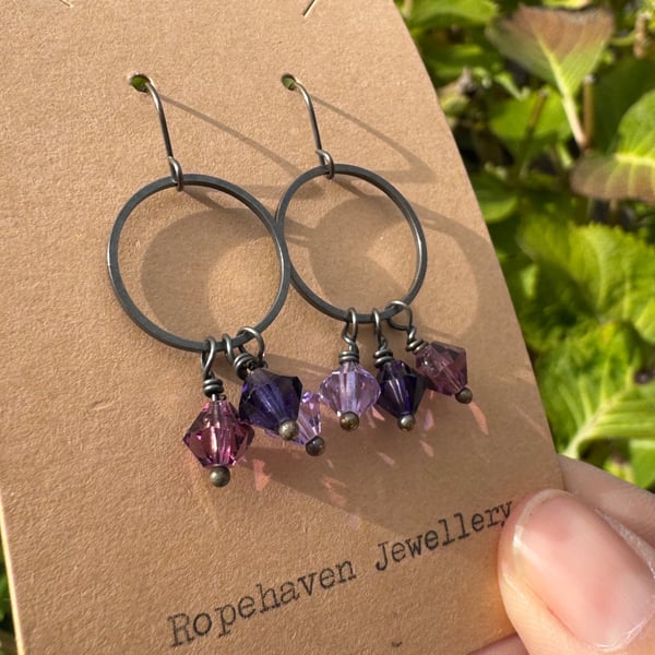 Vintage Crystal Earrings Dainty Hoops in Shades of Purple 