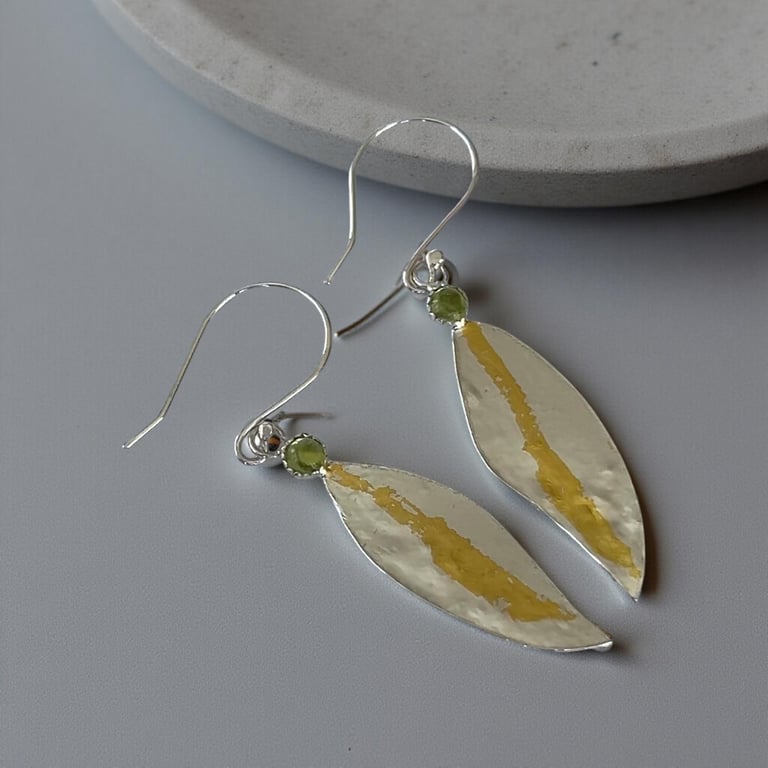Silver And Gold Leaf earrings With Peridot