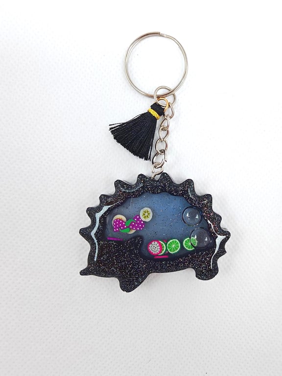 Black Glitter Hedgehog Resin Shaker Keyring: Fruit Slice Liquid Core Charm