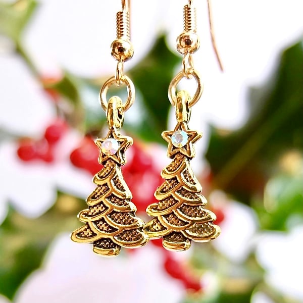 Christmas Tree Earrings Set With Sparkly Crystal - Free UK Delivery