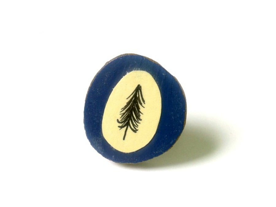 Navy Blue Illustrated Tree Wooden Ring