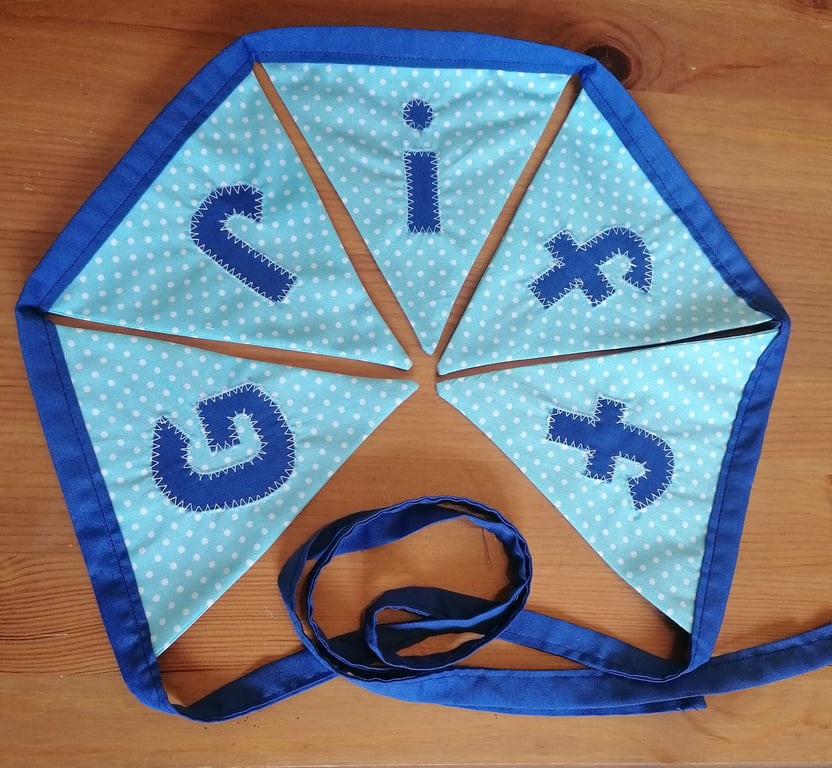 Handmade personalised sewn fabric name bunting polka dot blue