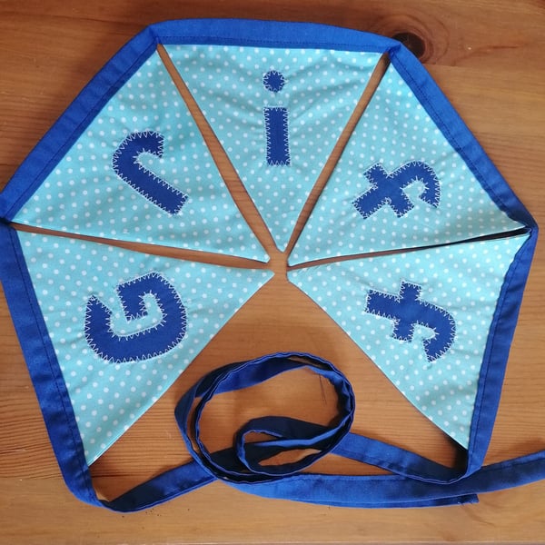 Handmade personalised sewn fabric name bunting polka dot blue