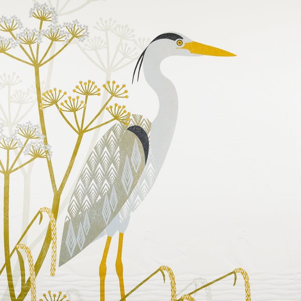 Heron at the River Bank Lino Reduction Limited Edition And Hand Embossed Print