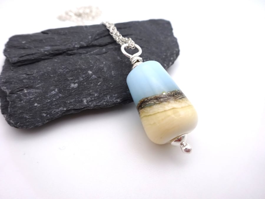 lampwork glass blue beach pendant necklace, sterling silver chain