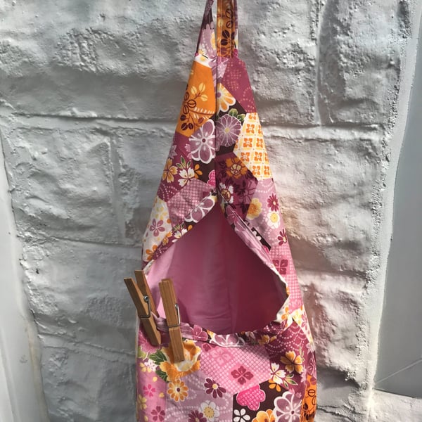 Pink Cotton Peg Bag, Lined Storage Bag for Pegs, handmade in Yorkshire