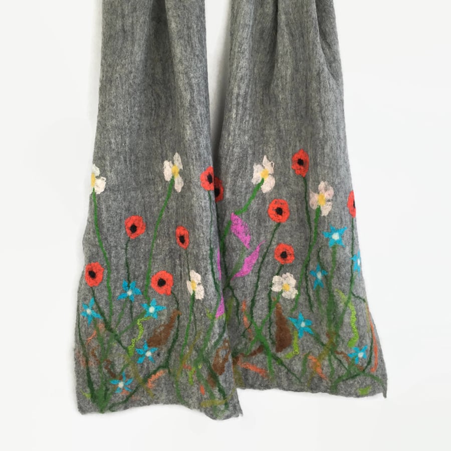 Finely grey merino wool felted scarf with silk floral decoration