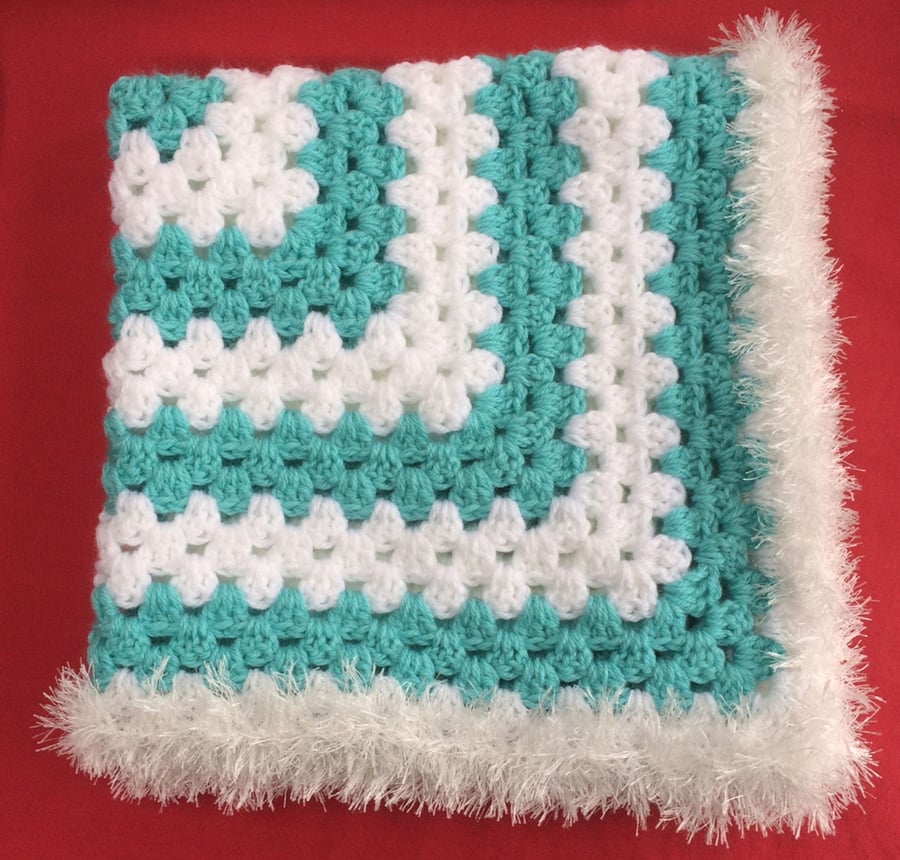 Aqua Blue White Baby Blanket Hand Crochet by Poppy Kay Designs