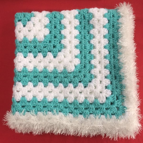 Aqua Blue White Baby Blanket Hand Crochet by Poppy Kay Designs
