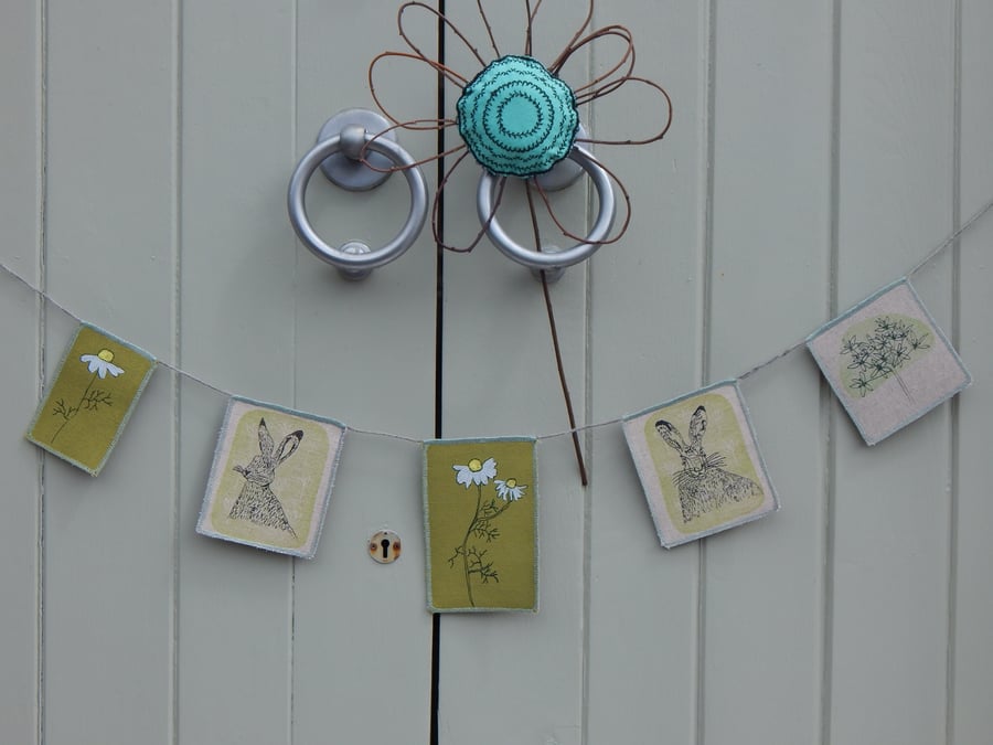 Hares, Daisy and Wild Garlic wall hanging 84cm - Screen printed
