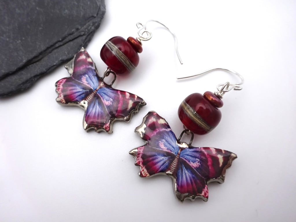 purple butterfly lampwork glass earrings
