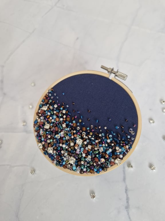 4 inch handmade beaded embroidery hoop with crystals - navy