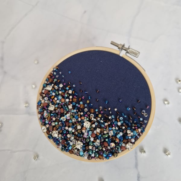 4 inch handmade beaded embroidery hoop with crystals - navy