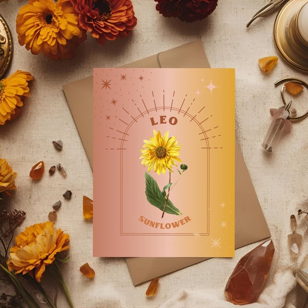 Leo Zodiac Flower Card. Sunflower. Birthday Card for Jul 23 – Aug 22