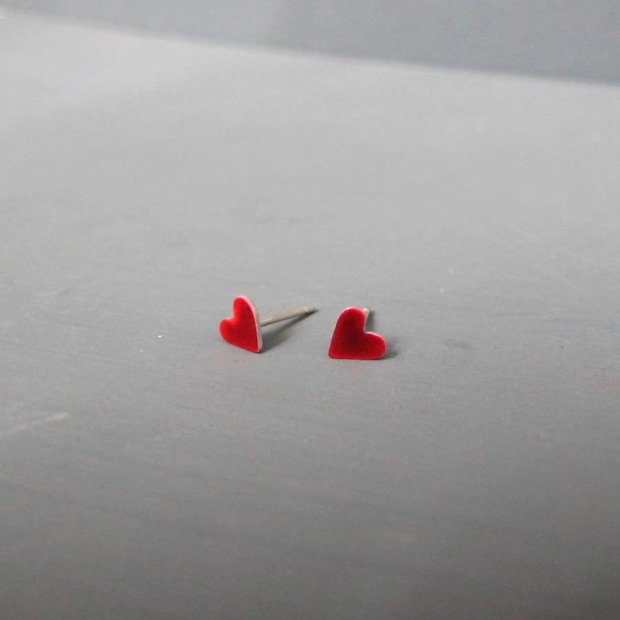 Tiny Red Enameled Sterling Silver Heart Earrings