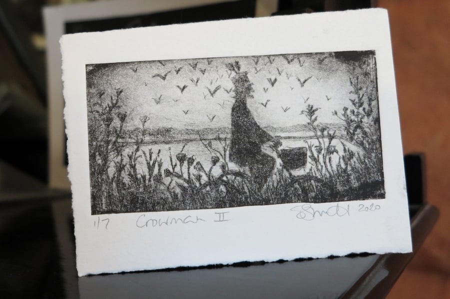Moody drypoint etching 'Crowman II'