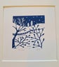 An original handprinted linoprint of a dark blue winter scene.  - Image 6