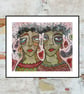 Pink Green Portrait Painting Original Abstract People Outsider Art Faces Figures