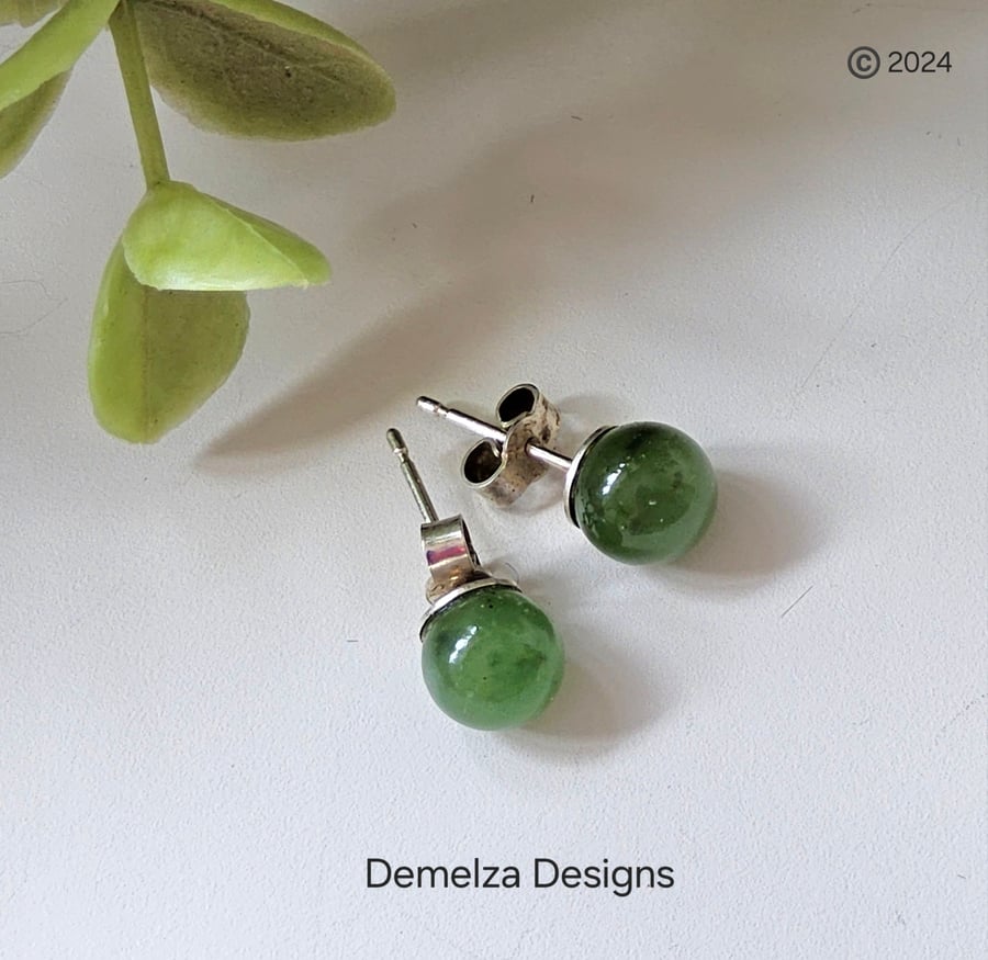 Chinese Jade Ball Stud Sterling Silver Earrings ONE OFF PAIR MADE