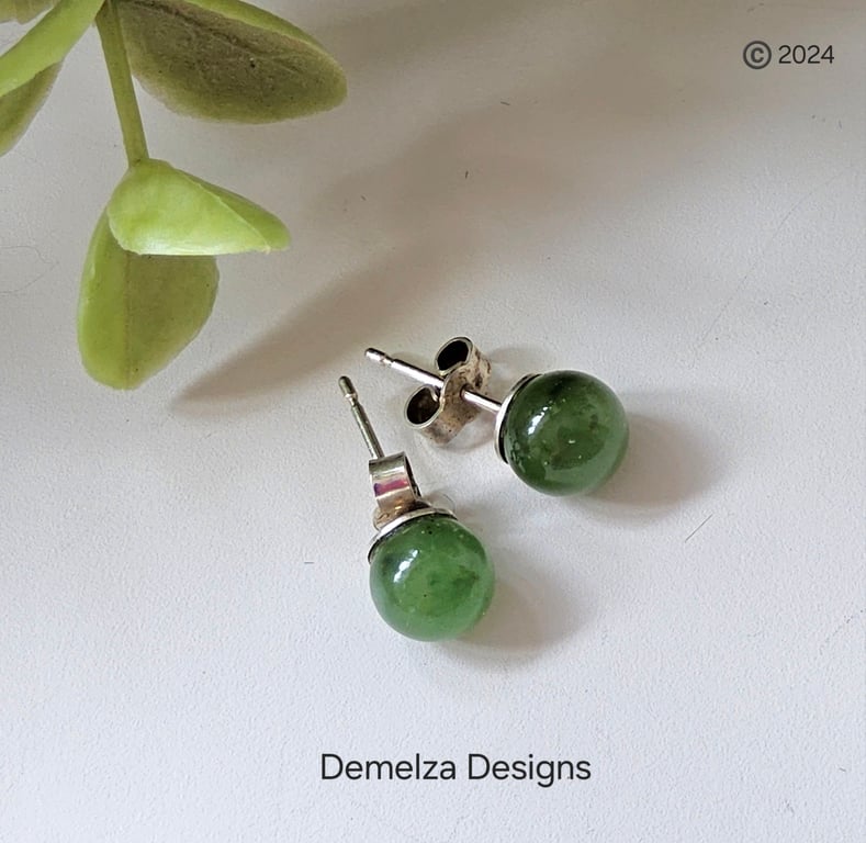 Chinese Jade Ball Stud Sterling Silver Earrings ONE OFF PAIR MADE