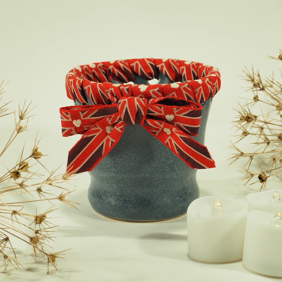 Decorative Blue Cup finished in Union Jack Heart Ribbon