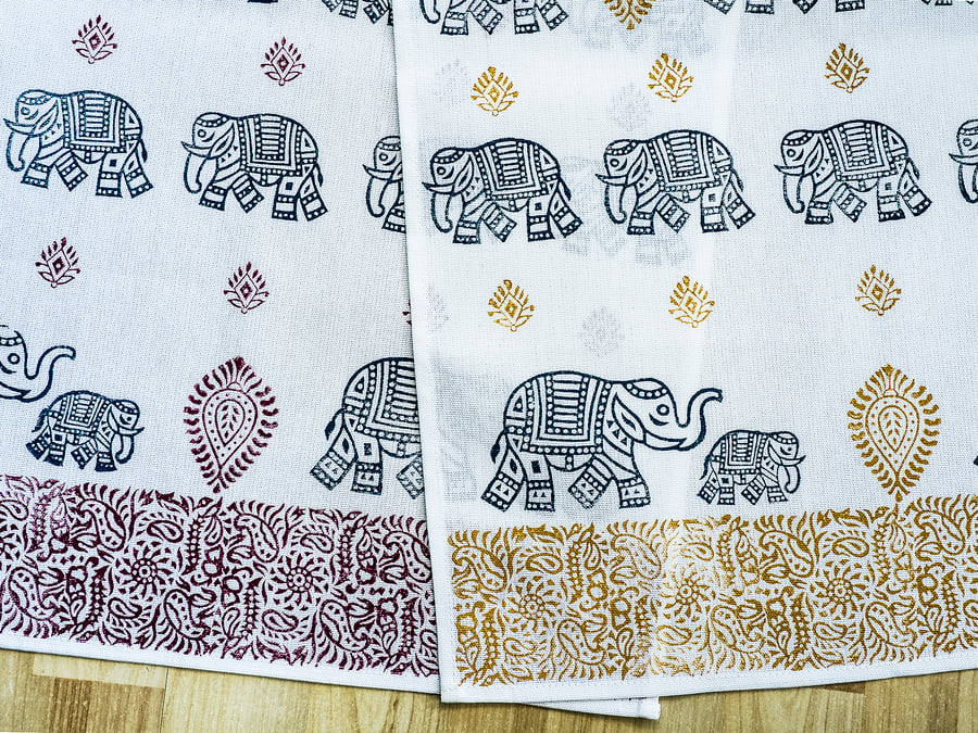 Hand printed elephant tea towel Indian woodblock wedding or housewarming gifts  