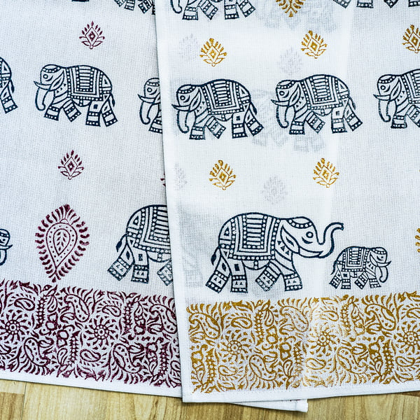 Hand printed elephant tea towel Indian woodblock wedding or housewarming gifts  