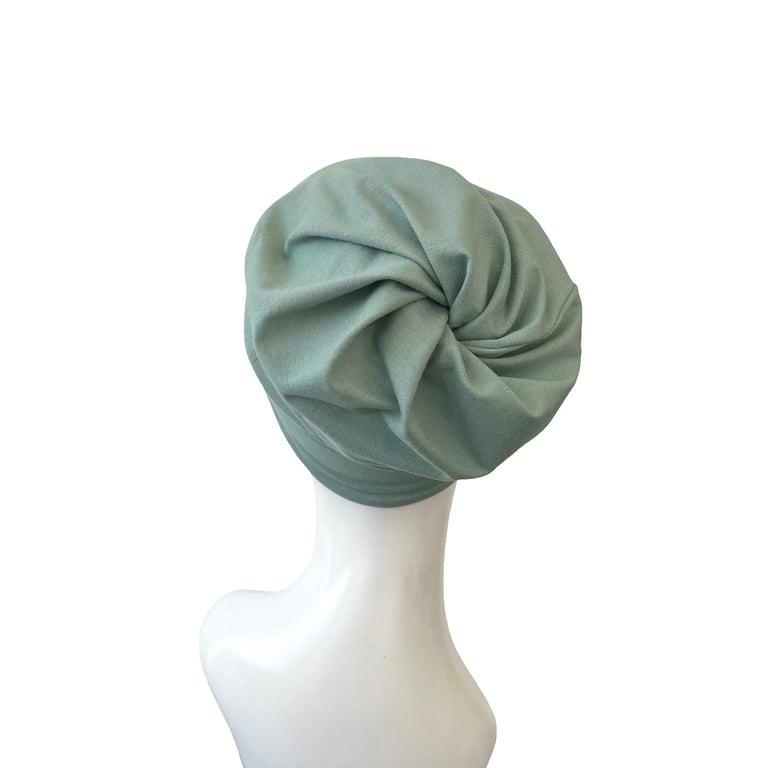 Beanie Hat -Dusky Mint Twisted Jersey Cap Ponytail Soft Hair Loss Chemo Hat
