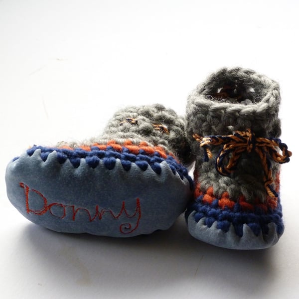Personalised baby boots -Grey navy orange- sizes 1-3