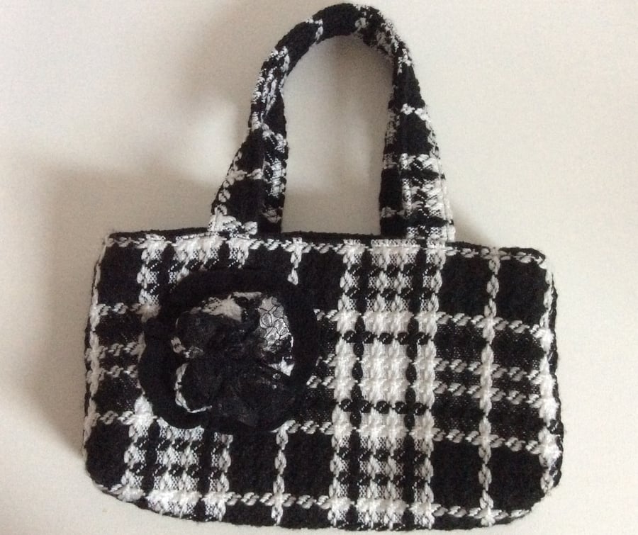 Black & White Check Tote Bag with Lace Flower Corsage Applique