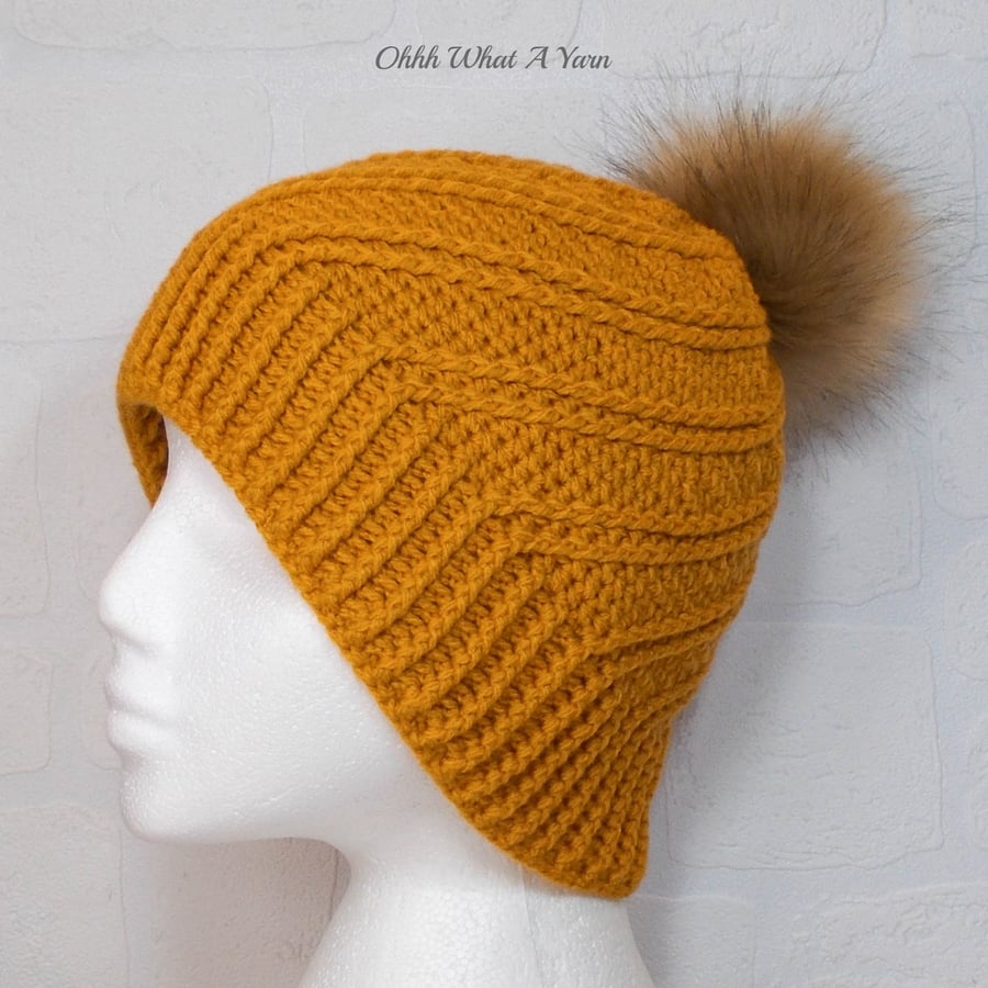 Crochet hat, beanie. Gold, mustard ladies swirl pom pom hat. Ladies hat.