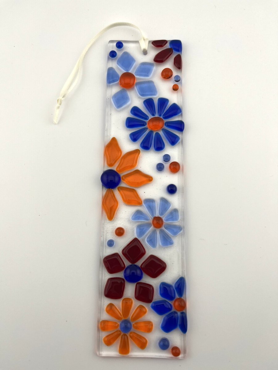 Fused glass suncatcher with Red, Orange and Blue flowers