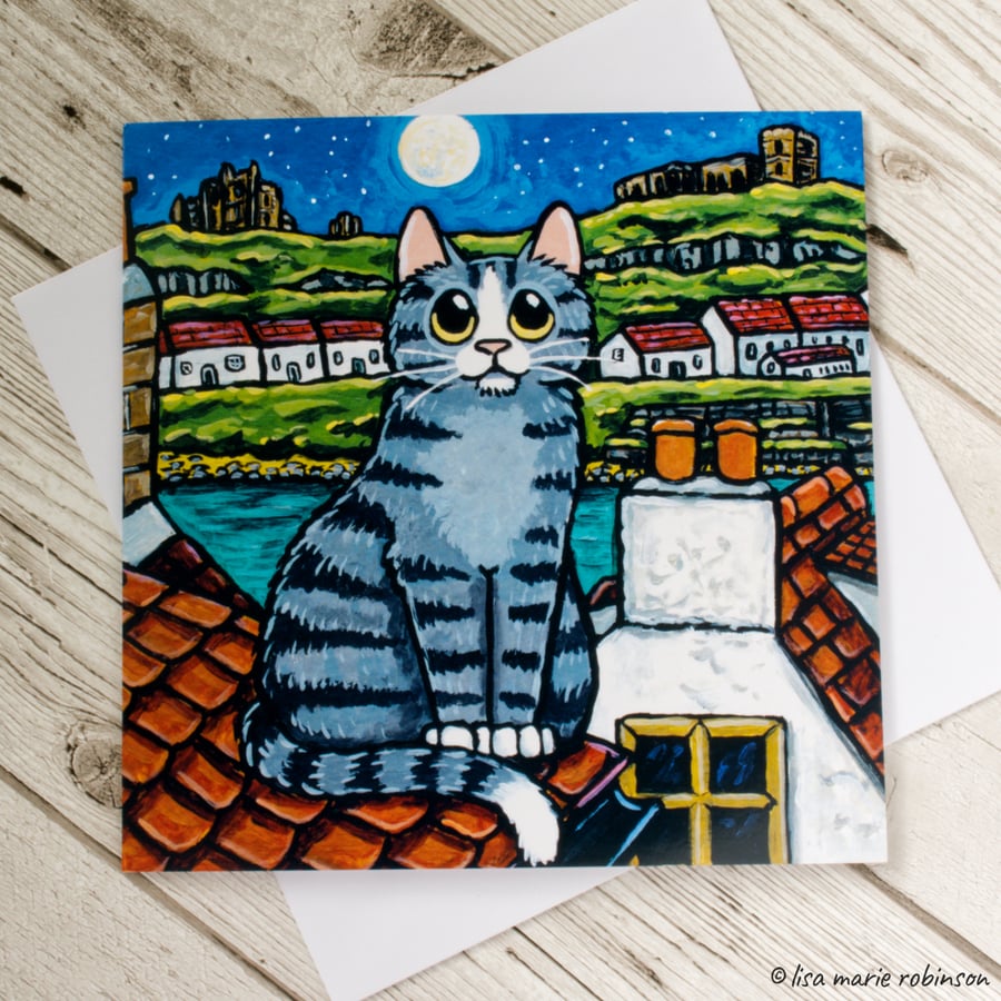 Tabby Cat Whitby Roof Tops - Blank Greeting Card