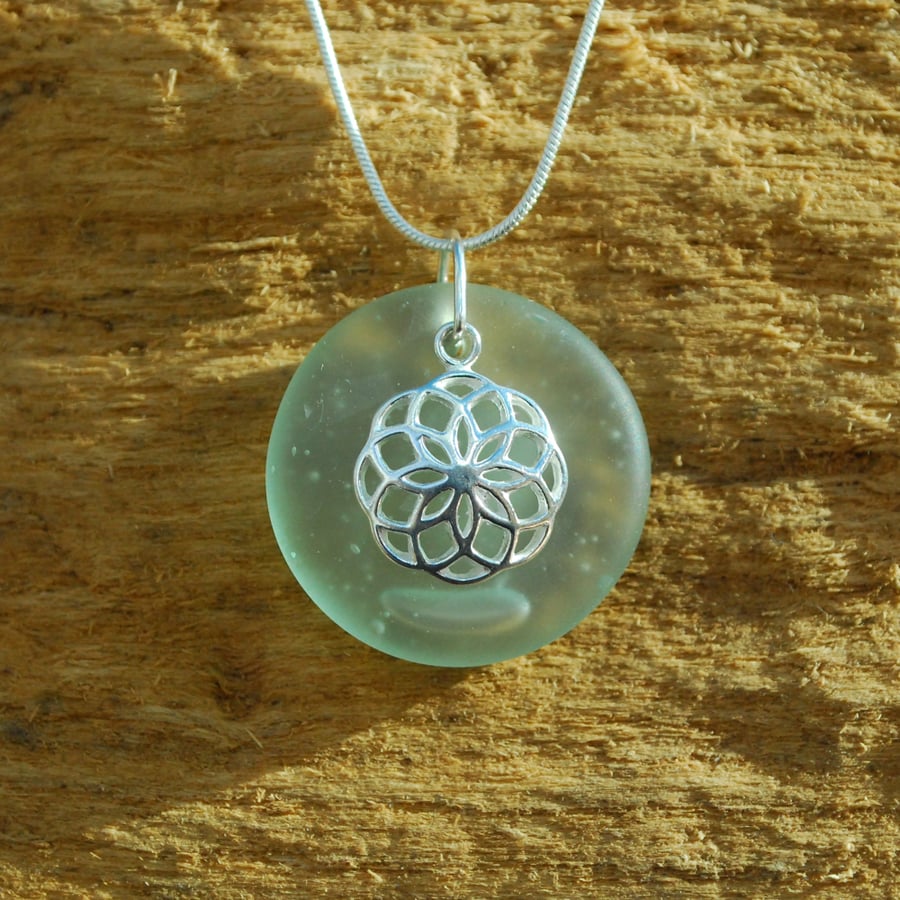 Beach glass pendant with silver Celtic charm
