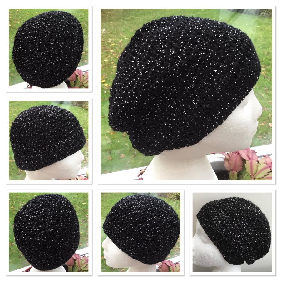 Starry Night!  Black Twinkle Crocheted Beanie, Soft Beret or Slouchy Hat.