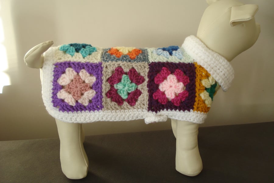 Crochet Squares Small Dog Coat With Buttons And Collar (R920)