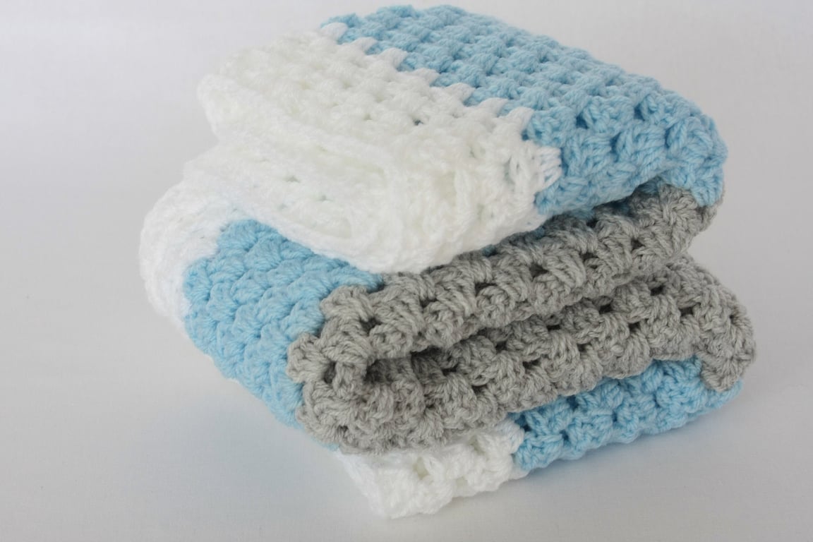 Blue Baby Blanket and Hat, Handmade Heirloom Gift, Granny Square Blanket Measure