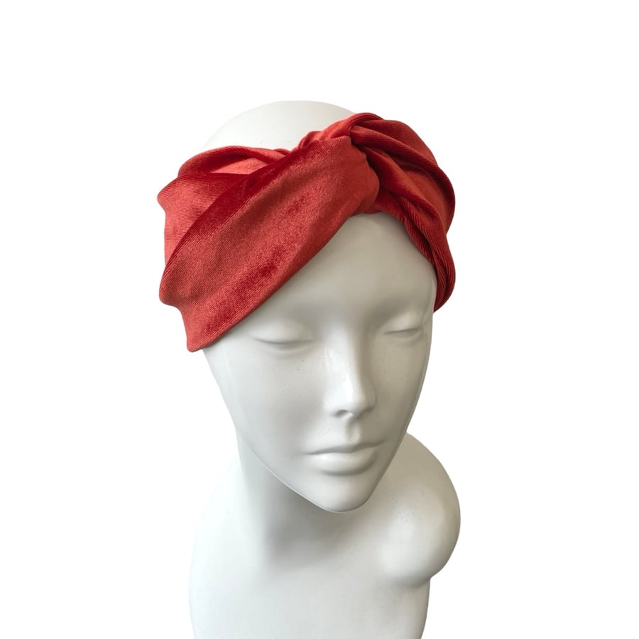 Burnt Orange Velvet Twisted Turban Headband Women Head Wrap