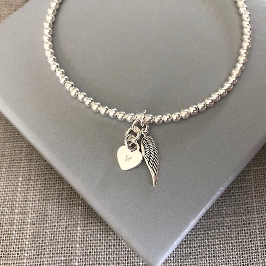 Sterling Silver Heart & Angel Wing Charm Bracelet, Personalised Jewellery